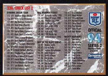 1994 Dynamic Rugby League Series 2 #220 Checklist Front